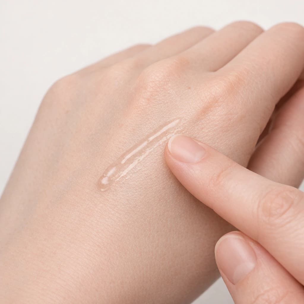 A small clear serum smear being distributed with a fingertip