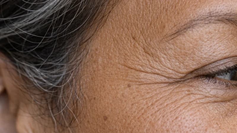 Fine creases around the temple and cheek on mature skin