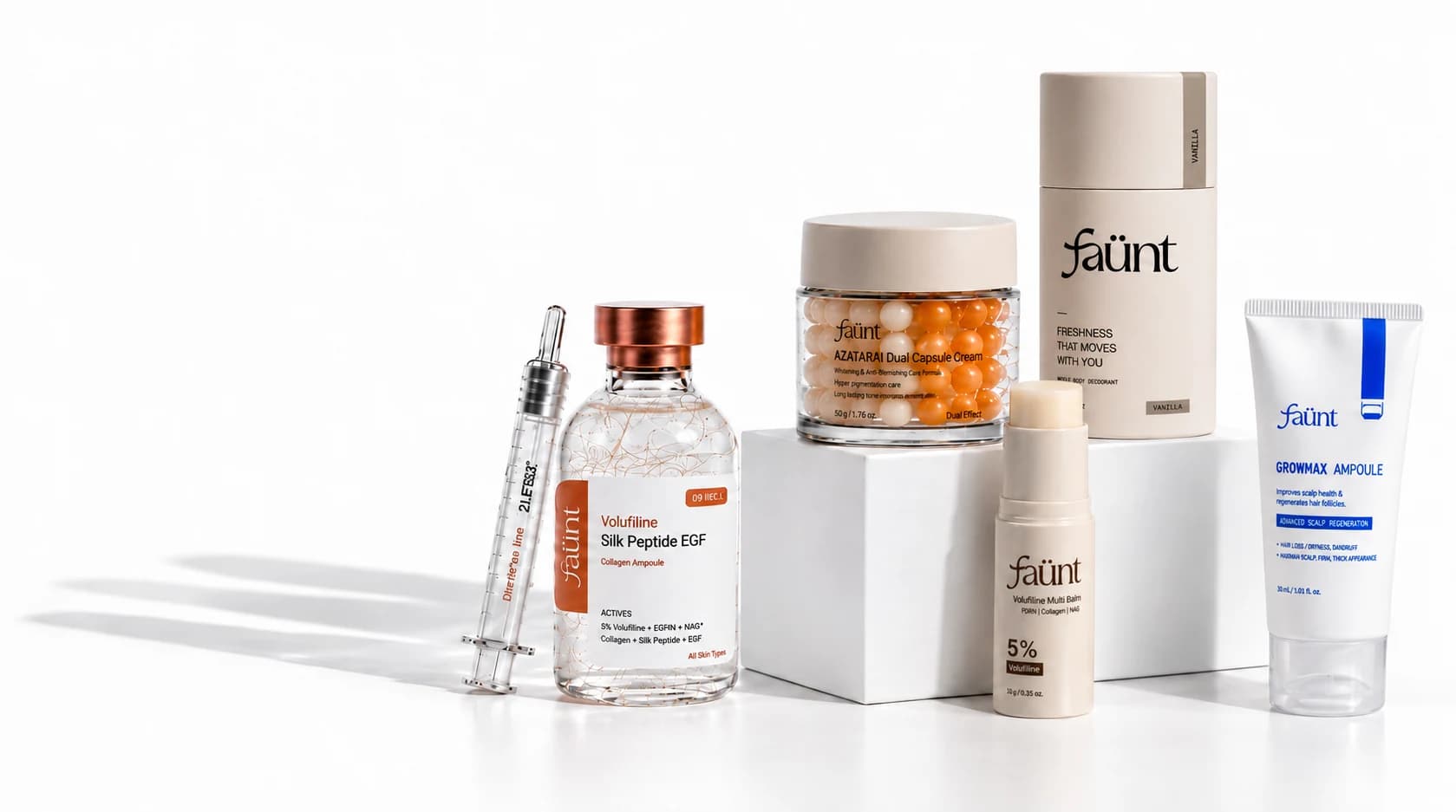 faünt Silk Peptide EGF ampoule, Azatran capsule cream, Volufiline multi balm, whole body deodorant and GrowMax ampoule arranged on white plinths