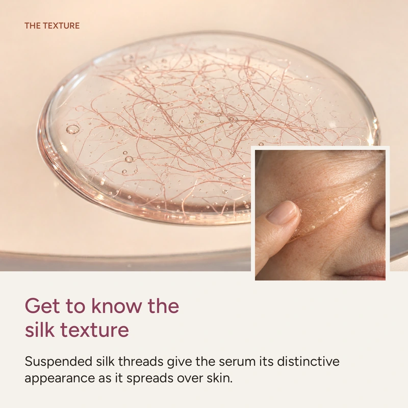 Macro of silk peptide threads suspended in clear serum, with serum swatch on skin