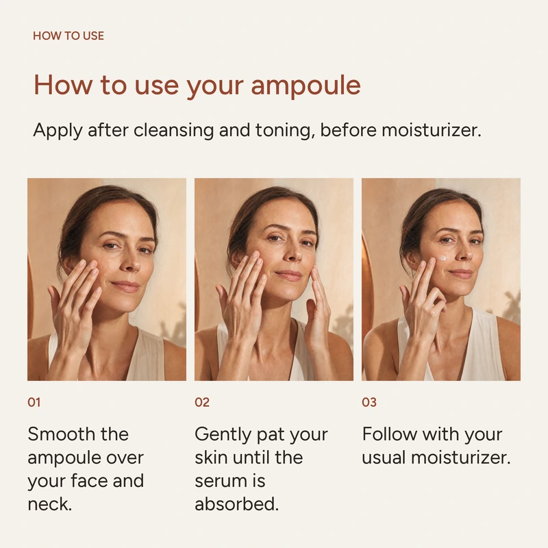 Three-step application: smooth over face and neck, pat until absorbed, follow with moisturizer
