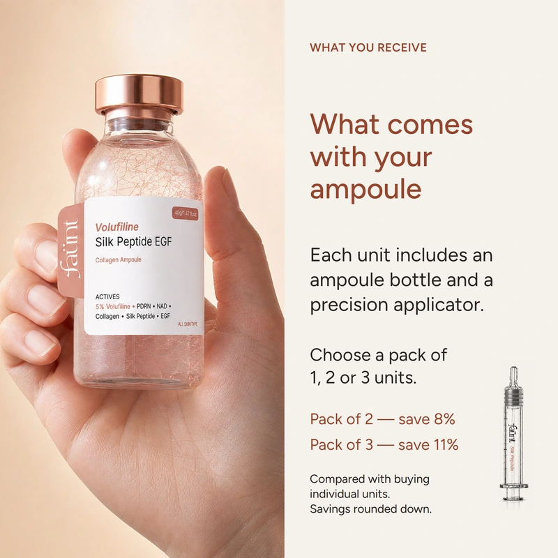 Hand holding ampoule bottle; each unit includes bottle and precision applicator, with pack savings