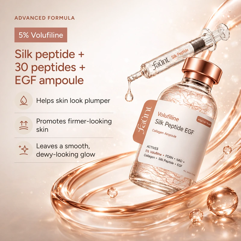 Faünt ampoule and precision applicator suspended above rose-gold serum ribbons, featuring 5% Volufiline, silk peptide, 30 peptides and EGF